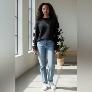 LAJU Black and White Crew Neck Sweater with Star Sleeve Details size L